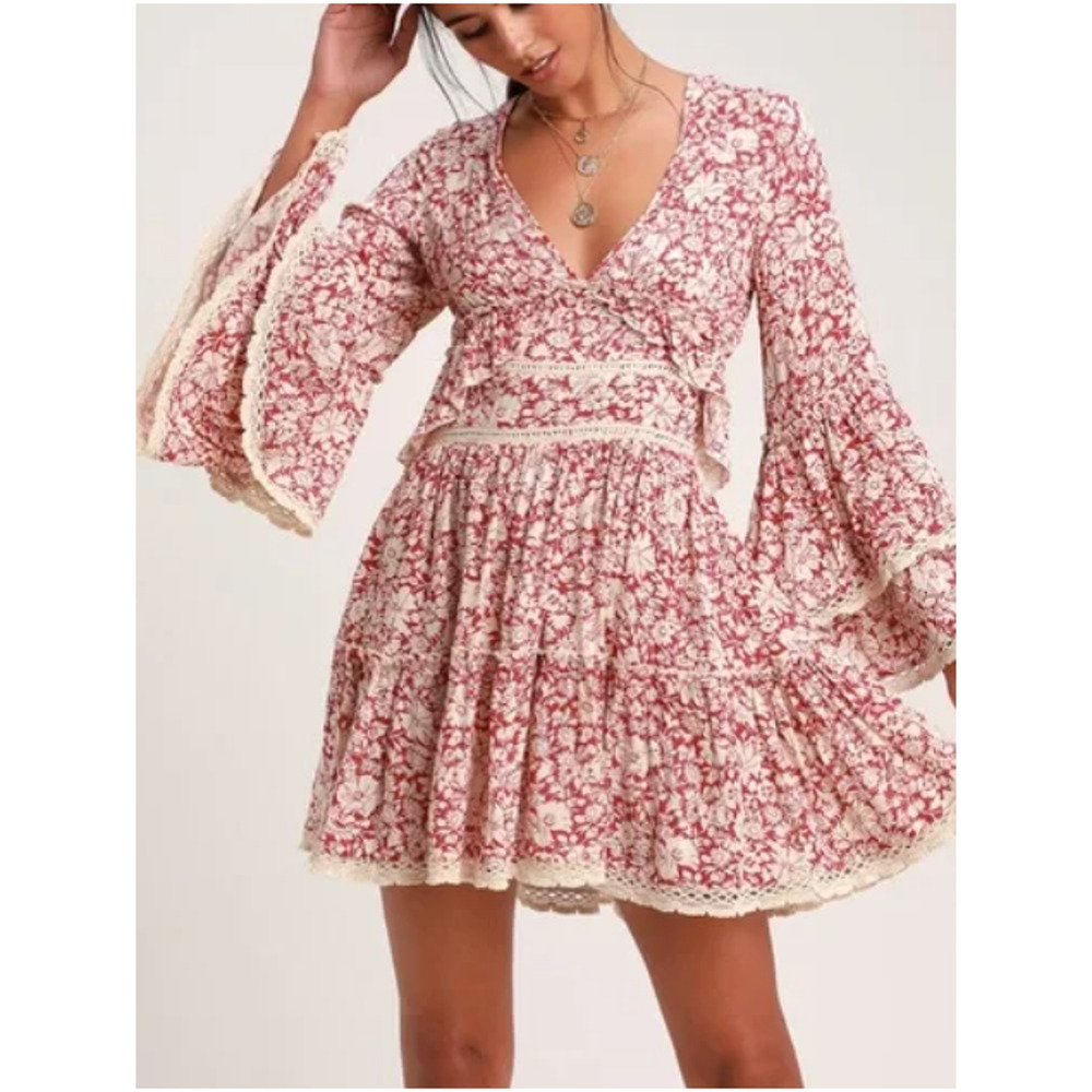 Free People Pink Floral Lace-Trim Mini Dress - Picture 1 of 11